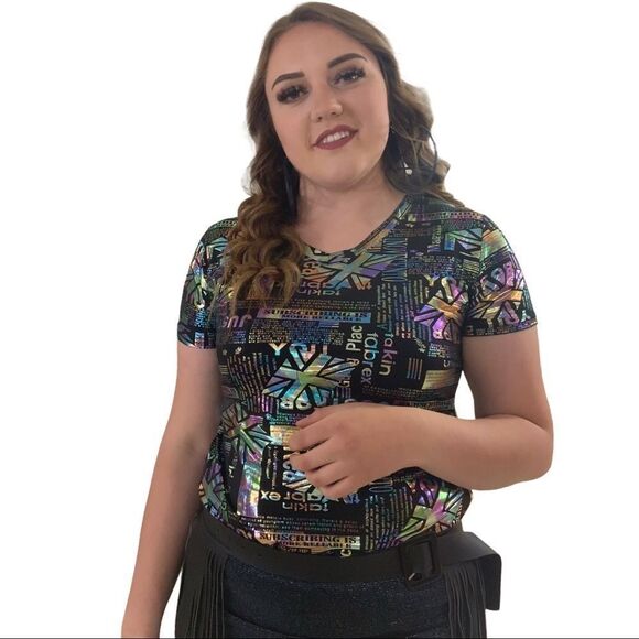 Stylish Holographic V Neck Short Sleeve Top NEW - Picture 2 of 4